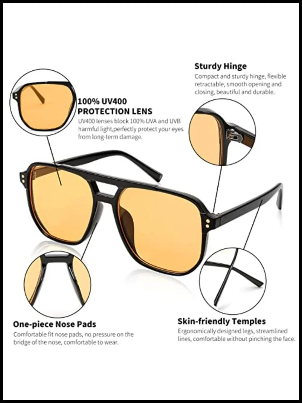 Retro Square Aviator Sunglasses, UV400 Protection, Plastic Frame